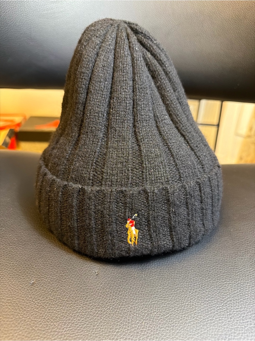 Ralph Lauren Black Ribbed Cuffed Beanie with Polo Player Embroidery